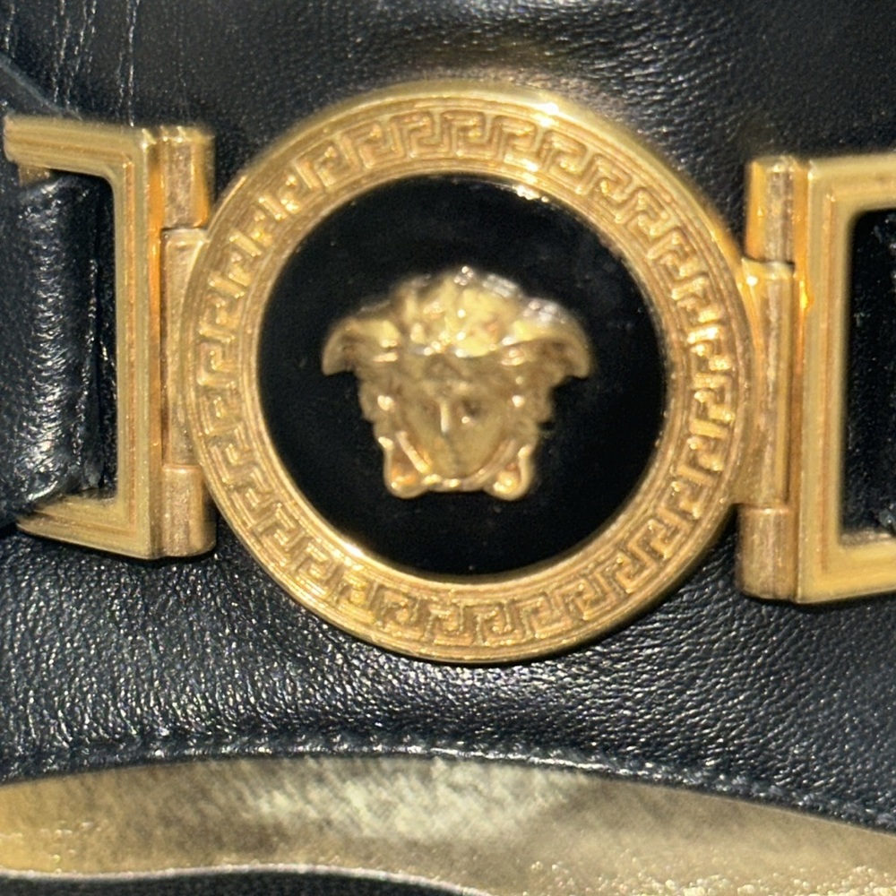 GIANNI VERSACE TRIBUTE MEDUSA BLACK LEATHER SLIDES HEELS Size 10 - Picture 7 of 13